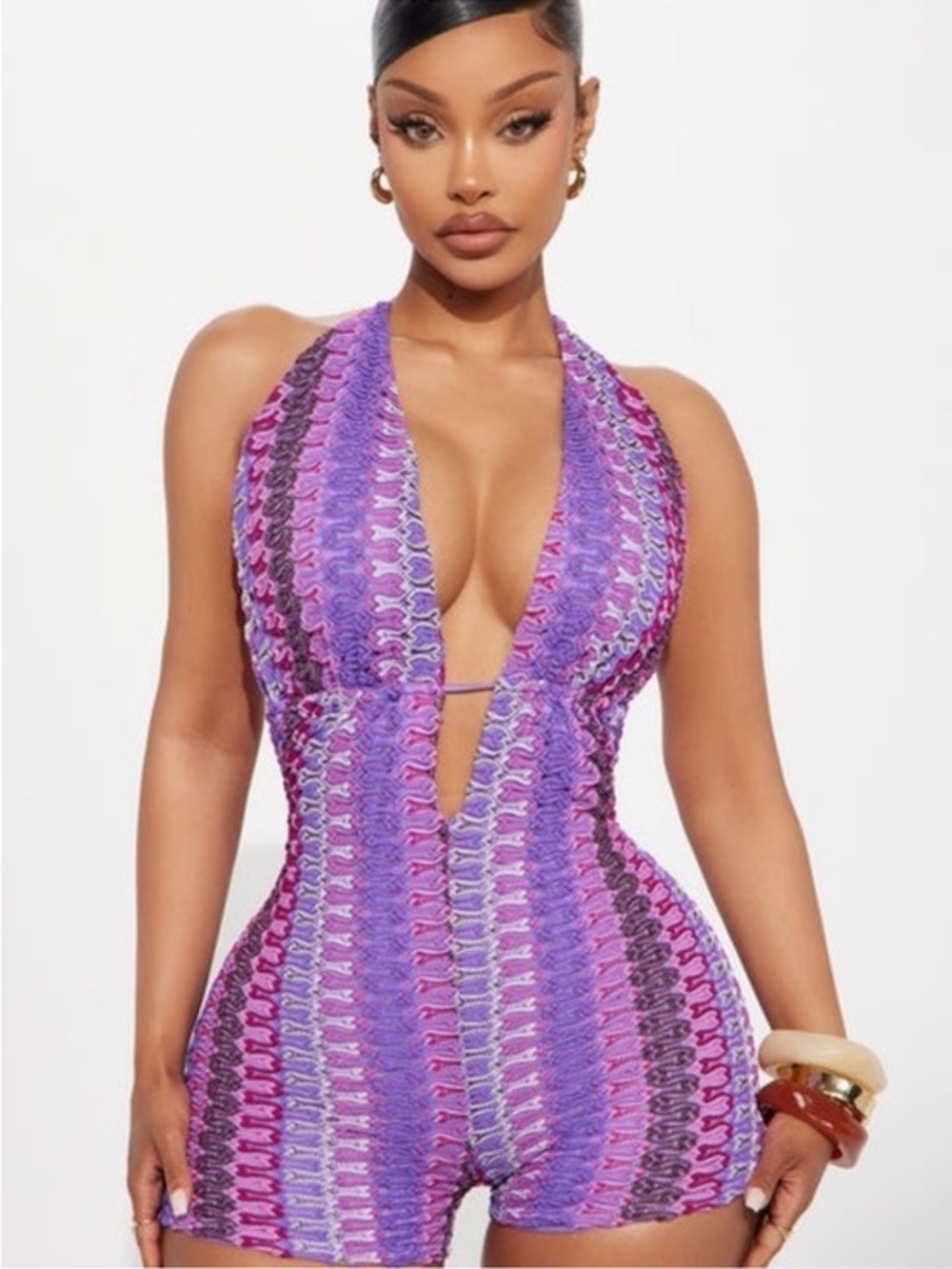 Fashion Nova Purple Pink Crochet Halter Romper